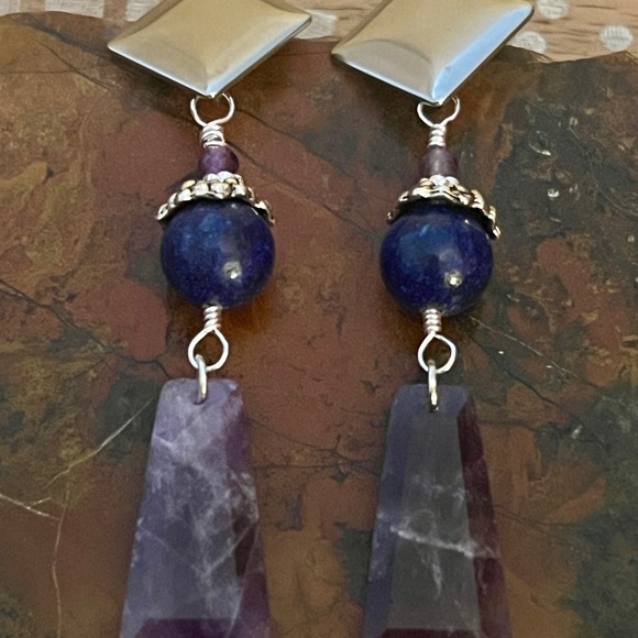 New Beautiful Stainless Steel Stud Lapis Lazuli & Amethyst Dangle Earrings - Picture 4 of 10